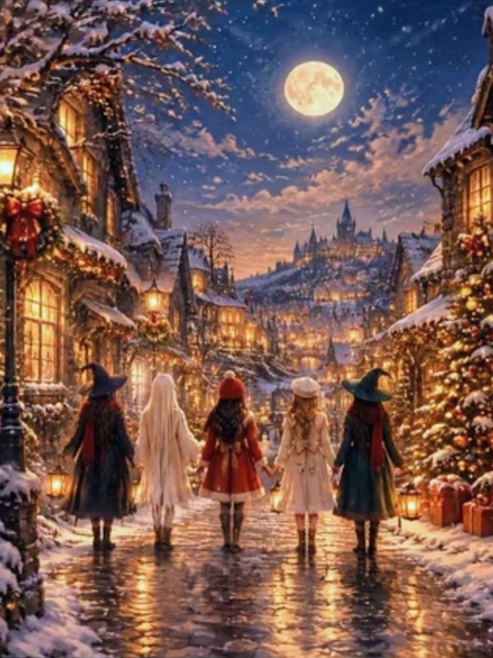 Holiday Village Wall Art Print - Winter Evening Scene in Warm Tones